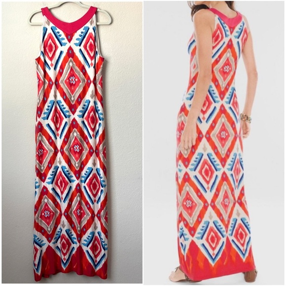 Chico's NEW Ikat Maxi Dress Multicolor Sleeveless V-Neckline Soft Stretchy Knit - Picture 10 of 14